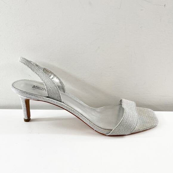 Michael Kors Pixie Fine Glitter Mila Slingback Kitten Heel Sandals Silver 9.5 - Picture 3 of 8
